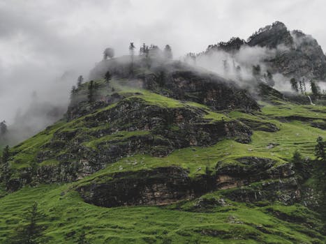 Enchanting view of a mist-covered mountain in Manali, India with lush greenery.